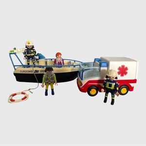 Vintage 1990's Playmobil 4 Figures Firemen First Aid & Customs Boat Ambulance